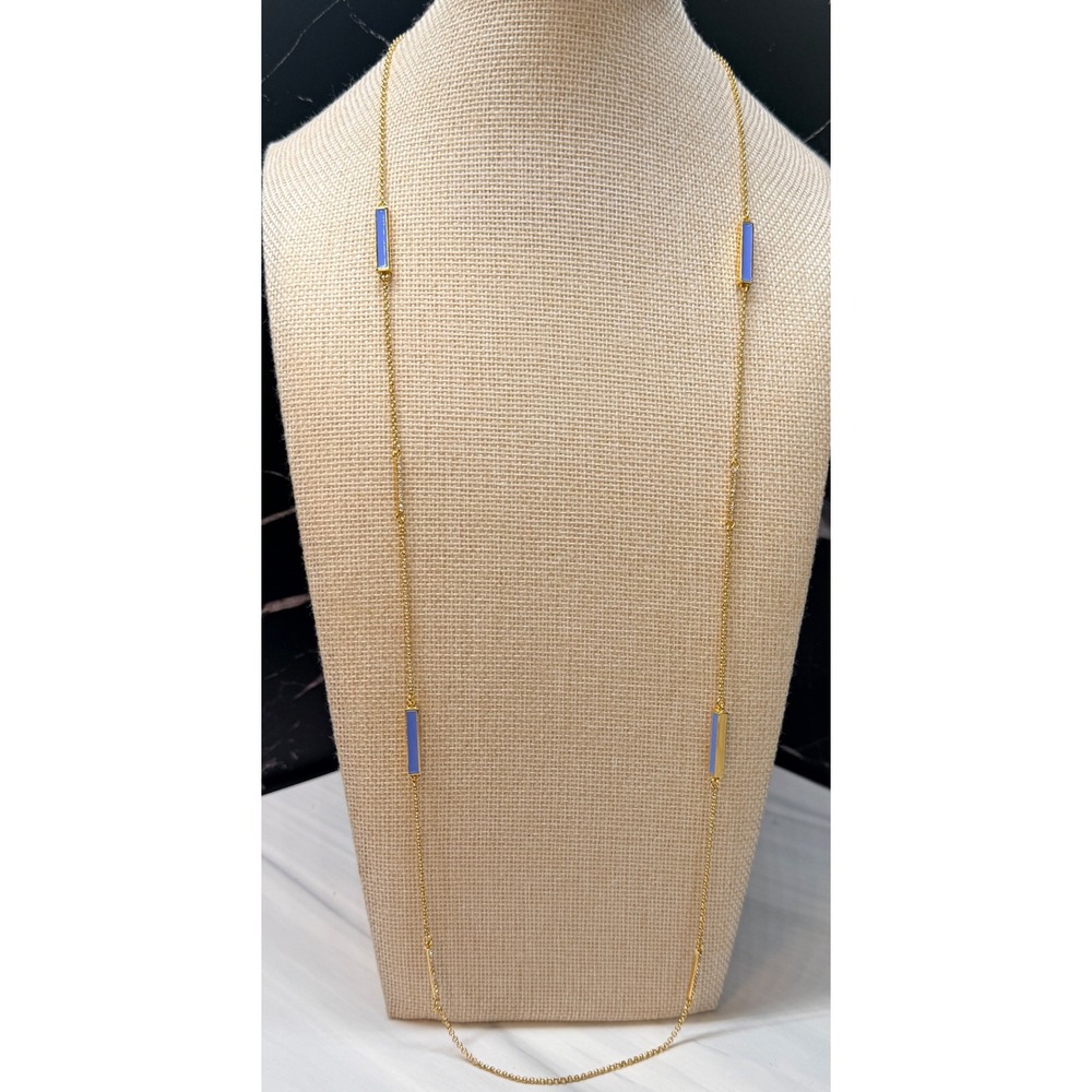 Kate Spade Raising The Bar Long Station Necklace Blue Enamel Crystal Gold Tone